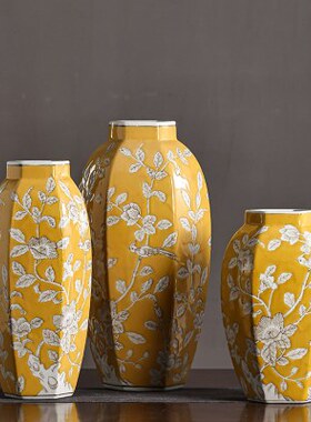 黄色六边花瓶陶瓷花瓶客厅玄关陶瓷饰品摆件陶瓷花瓶可水培高级感