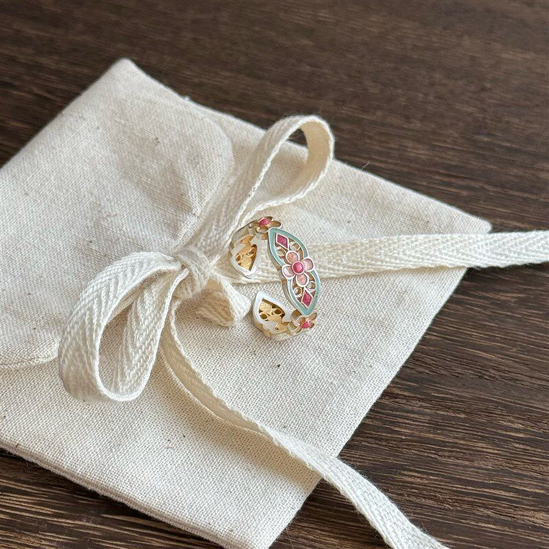 小椿  探窗足银999.9新中式复古精致手K工描金珐琅彩银戒指送礼物