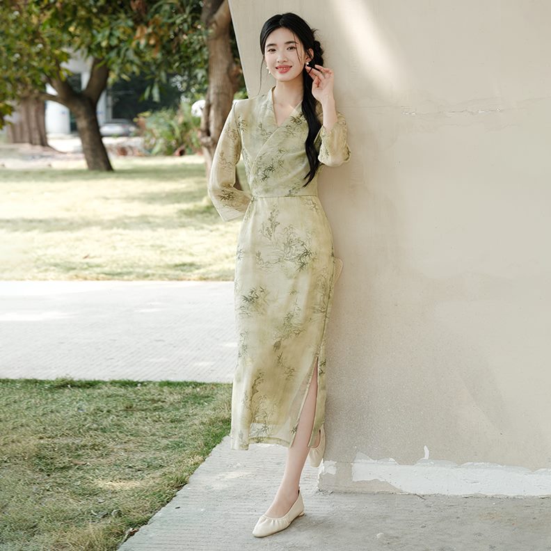 女高外披端显瘦气质印花V领连衣裙吊带裙套装初蝉国风夏季新中式