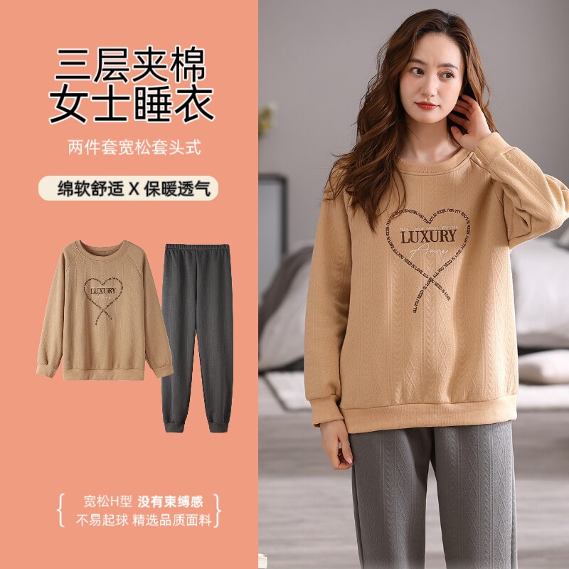 女款纯棉睡衣秋冬新款加厚空气棉夹层大码夹棉保暖女士家居服套装