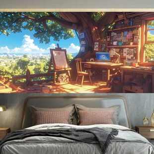 藏在树叶下的温馨小窝背景布床头卧室客厅装饰挂布墙布挂毯画布