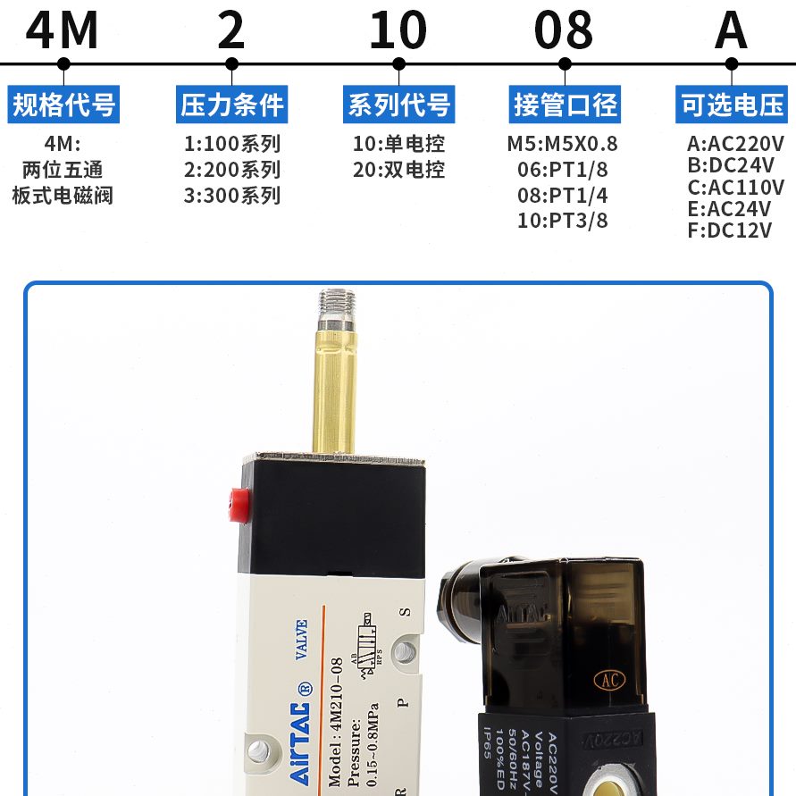 0式原装v阀220换向二10板通dc48气动电磁控制阀位亚德客24v五-M2