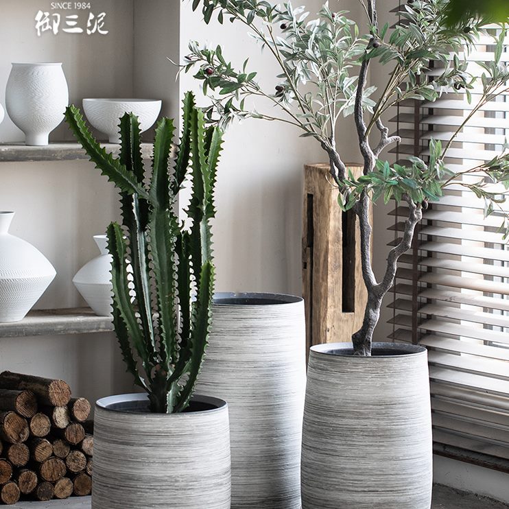 花坛绿植御种植橡皮树刚装饰三花盆庭院现代简约黑金陶瓷客厅泥大