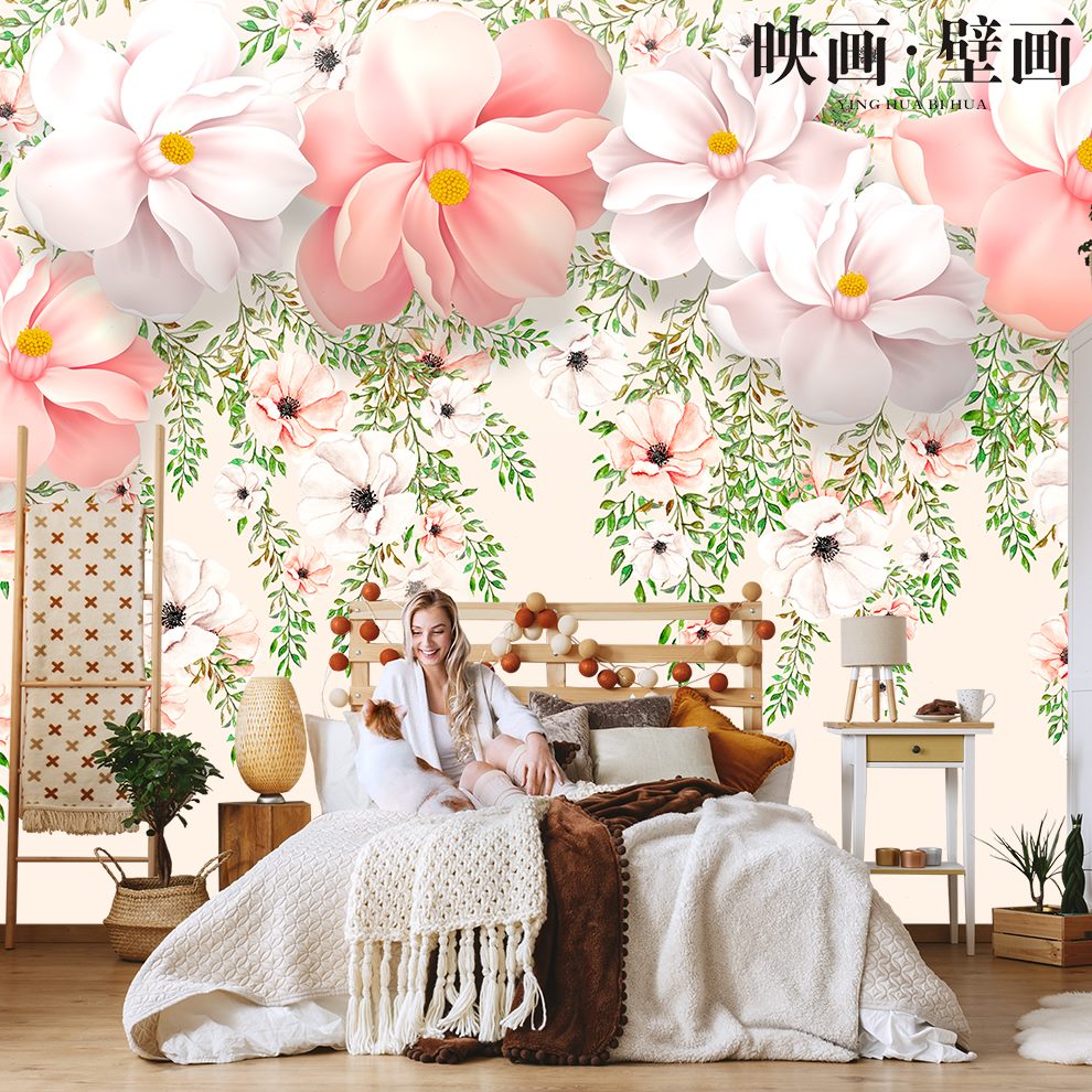 手绘客厅电视背景墙壁纸花卉无缝唯纸定制壁画现代简约花朵美墙布
