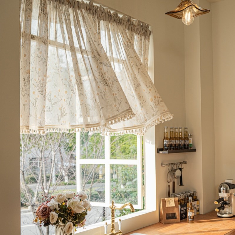 法式复古风厨房半帘短帘免打孔窗A帘小窗户短帘遮挡帘印花门帘纱