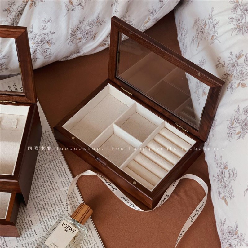 实木首饰盒玻璃收r纳盒胡桃木展示盒三金首饰盒