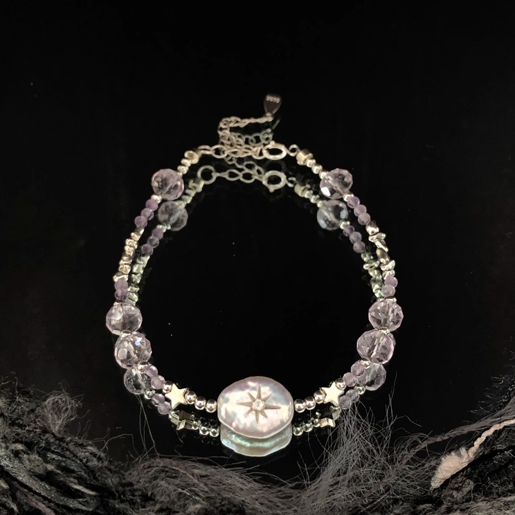 天然紫水晶珍珠纯银星形手链