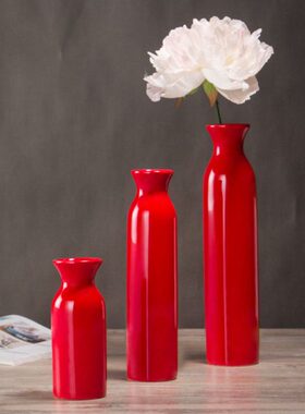 干花插花陶瓷花瓶现代简约口创意清新红色客厅家居装饰摆件小花器
