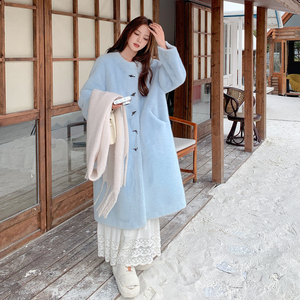 蓝色软糯皮毛一体环保皮草女2025冬季新款温柔风气质宽松保暖大衣图片