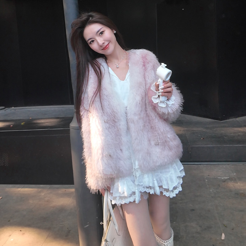 浅粉色小香风毛毛绒外套女2025年秋季新款环保仿皮草气质名媛大衣,女装皮草,浙宝187