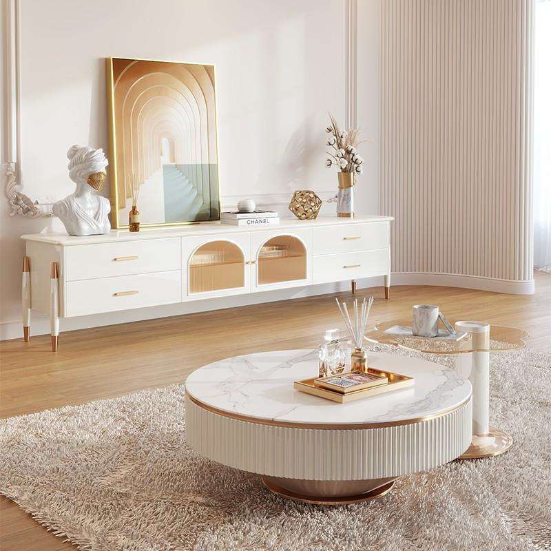 法式轻奢茶几岩板多功能旋转圆形客厅家用玻璃花瓣现代电视柜组合