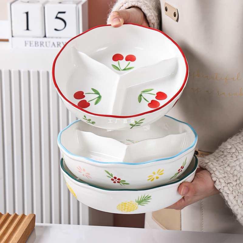 陶瓷分格饭盒带盖微波炉加热上班族保鲜碗釉下彩餐具圆深盘便