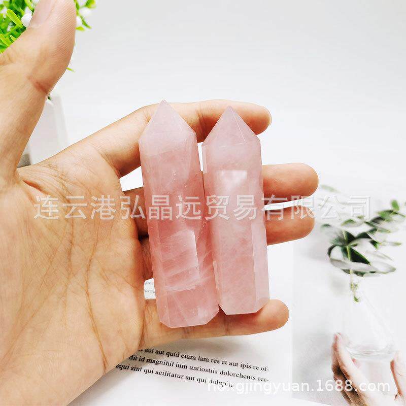 弘晶远水晶 天然粉水晶柱芙蓉石六棱柱粉晶单尖柱水晶柱厂家