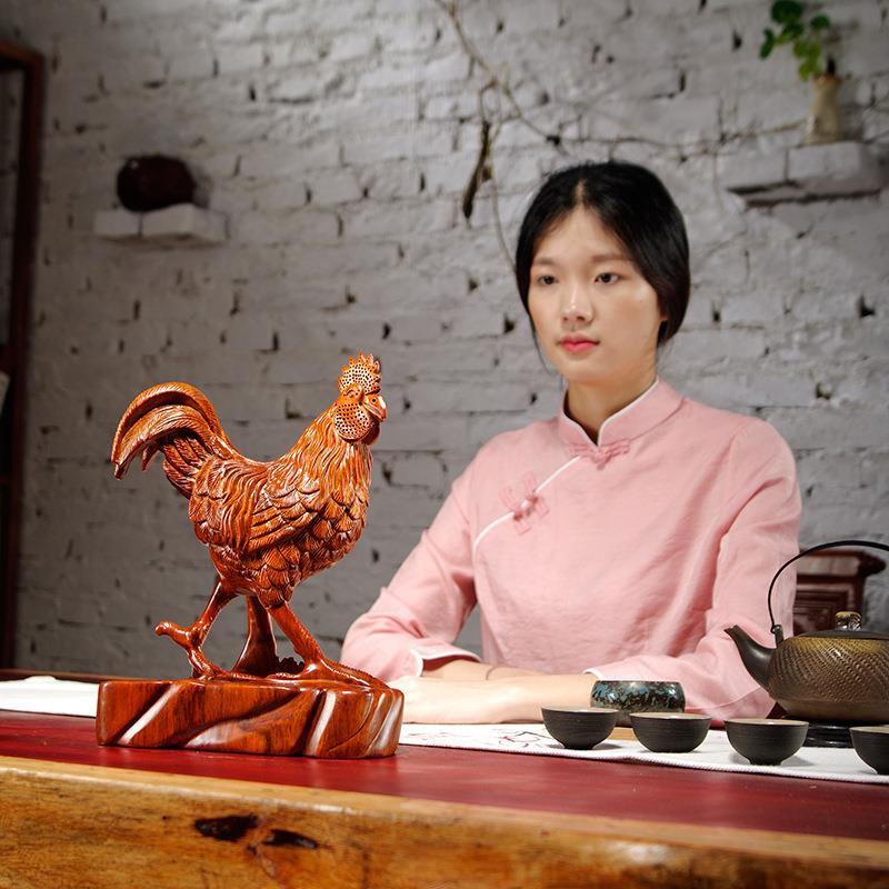 花梨木雕刻大公鸡摆件家居动物12生肖鸡客厅电视柜装饰摆设工艺品
