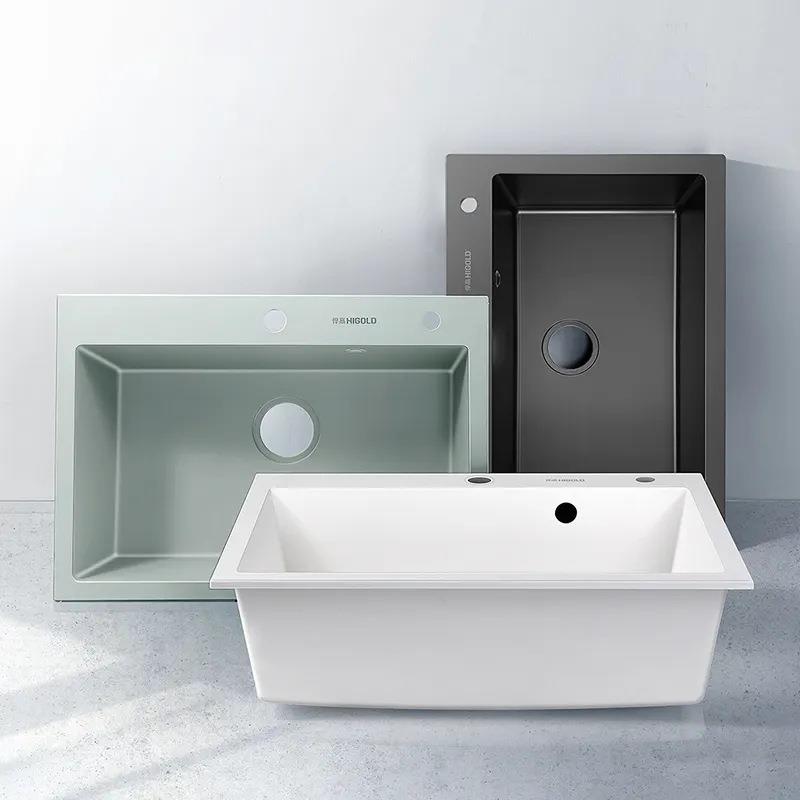 悍高厨房石英石水槽白黑色大单槽洗菜池洗碗盆台上下盆沥水篮