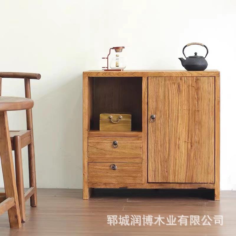 老榆木餐边储物柜客厅玄关柜新中式实木茶水柜老榆木茶桌茶台组合
