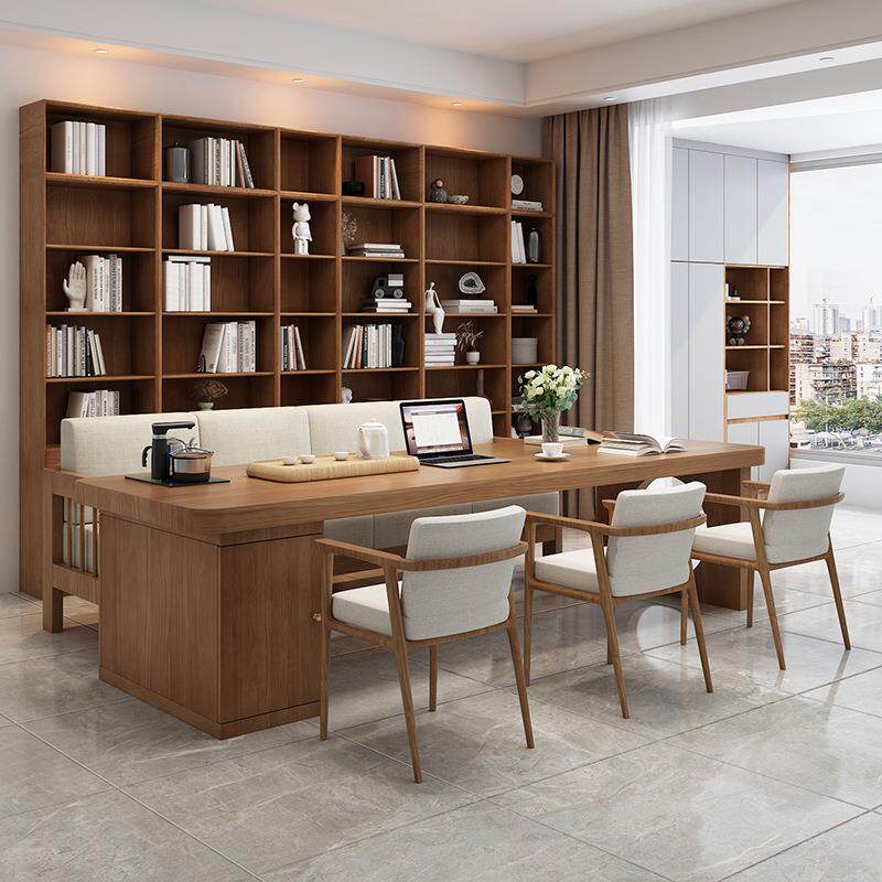 实木客厅茶桌一体带柜子两用双人学习书画桌简约家用会客办公桌