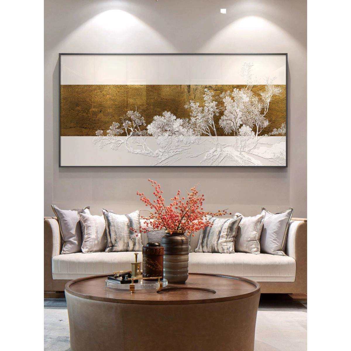 新中式肌理浮雕客餐厅挂画酒店书房茶室壁画迎客松风景高档装饰画