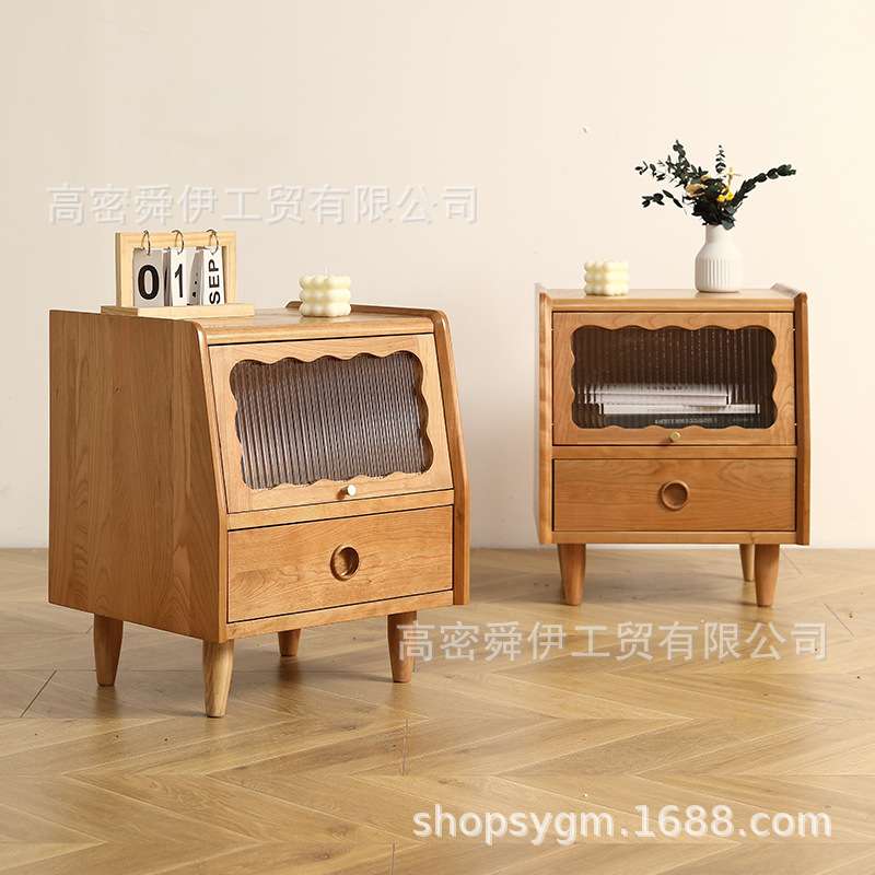 舜伊工贸曲奇樱桃木床头柜北欧家具现代简约卧室樱桃木收纳床边柜