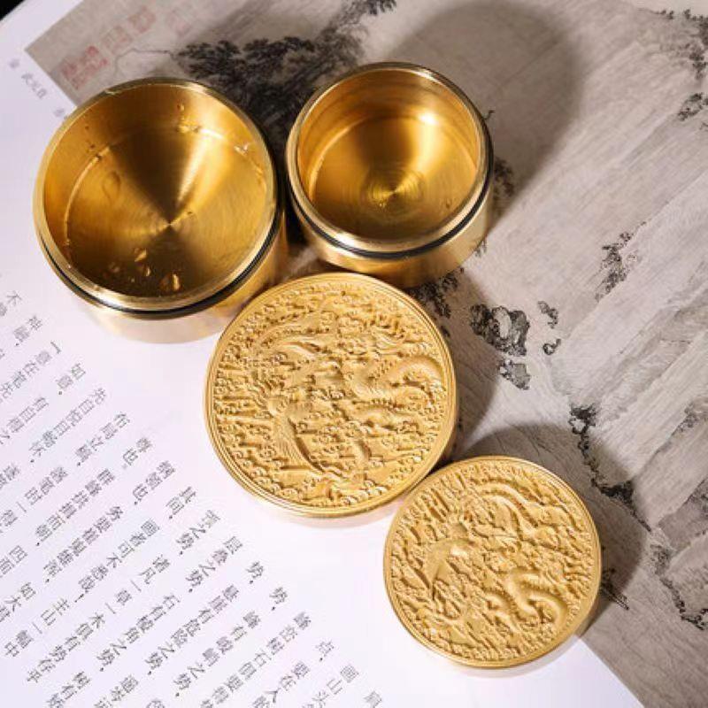 铜墨盒书法文房四宝用品防漏带盖龙凤圆砚台多功能收纳盒铜墨碟