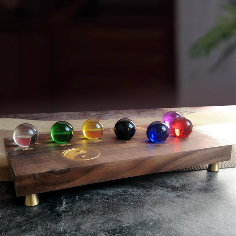 北斗七星阵水晶球摆件七彩胡桃木底E盘底座招财家居装饰品工艺礼