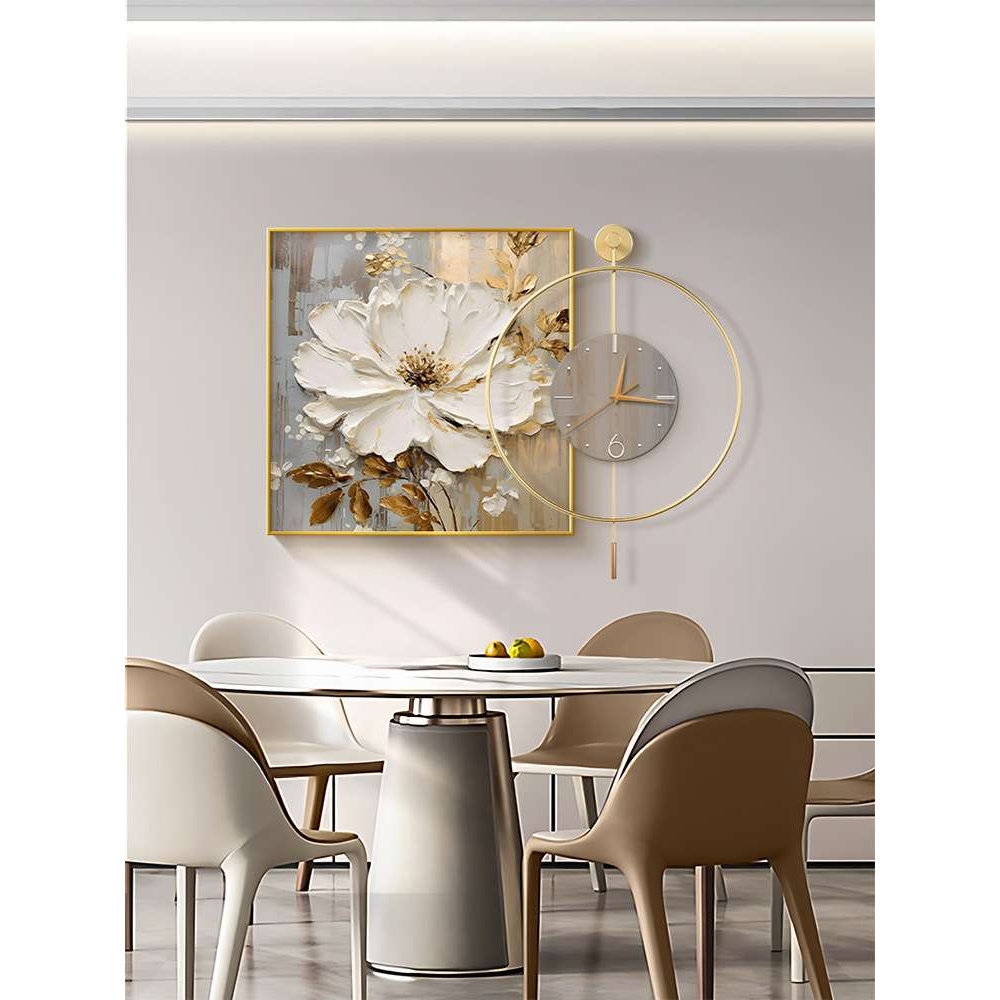 现代轻奢餐厅装饰画抽象花卉饭厅壁画带钟表摇摆餐桌墙面组合挂画图片