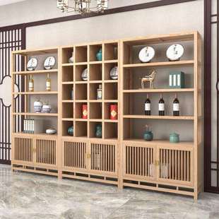 新中式榆木博古架带灯光展示架落地式实木货架茶室茶饼展示格子柜