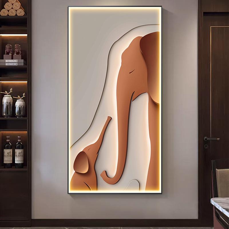 现代入户玄关装饰画高档轻奢带led灯大象画竖版简约走廊过道壁画