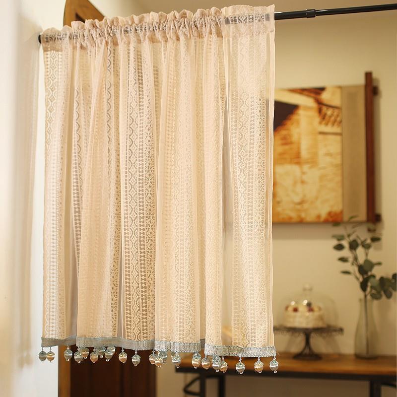 杏粉蕾丝帘北欧美式穿杆柜门帘纯色半帘帘头短帘免打孔帘