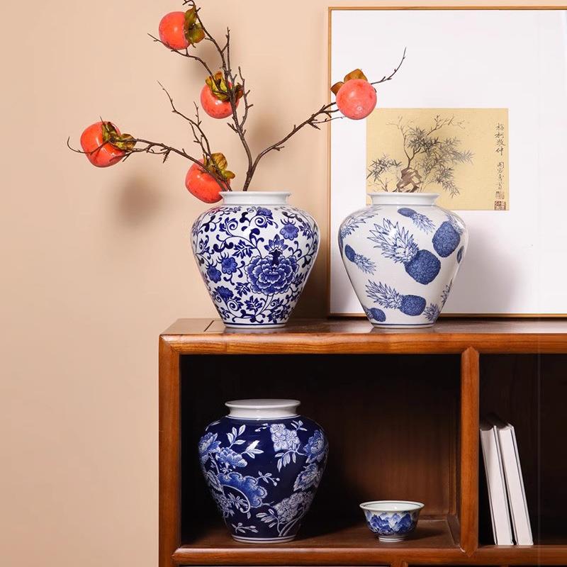 中式青花瓷大肚陶瓷花瓶客厅茶几水养鲜花送礼台面小花器