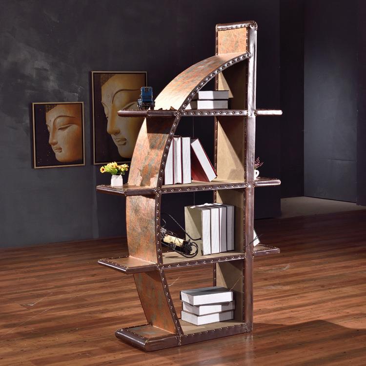 工厂直销设计师帆船创意复古艺术书架工业风皮艺铆钉个性博古架