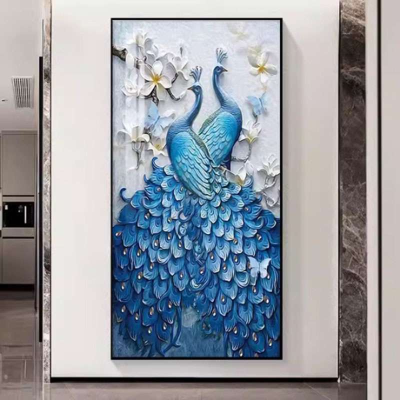 中式孔雀入户玄关装饰画走廊过道尽头挂画现代轻奢客厅寓意好壁画图片