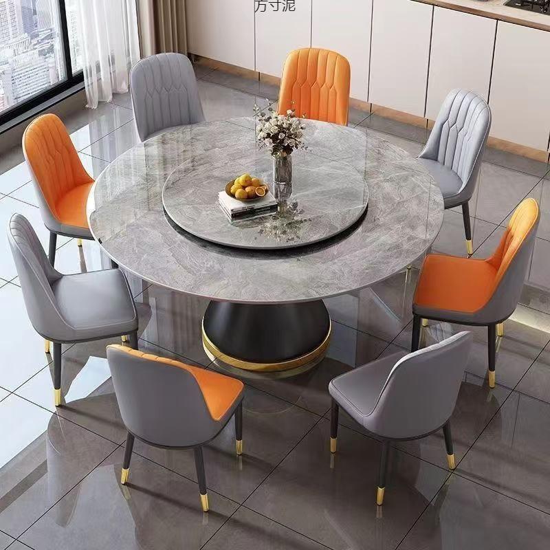 意式轻奢餐桌椅组合酒店现代圆桌简约圆形岩板小户型转盘餐桌家用