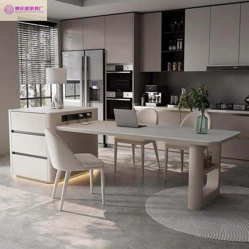 现代中岛岩板意式岛台餐桌家用厨房一体伸缩高端简约实木大小户型