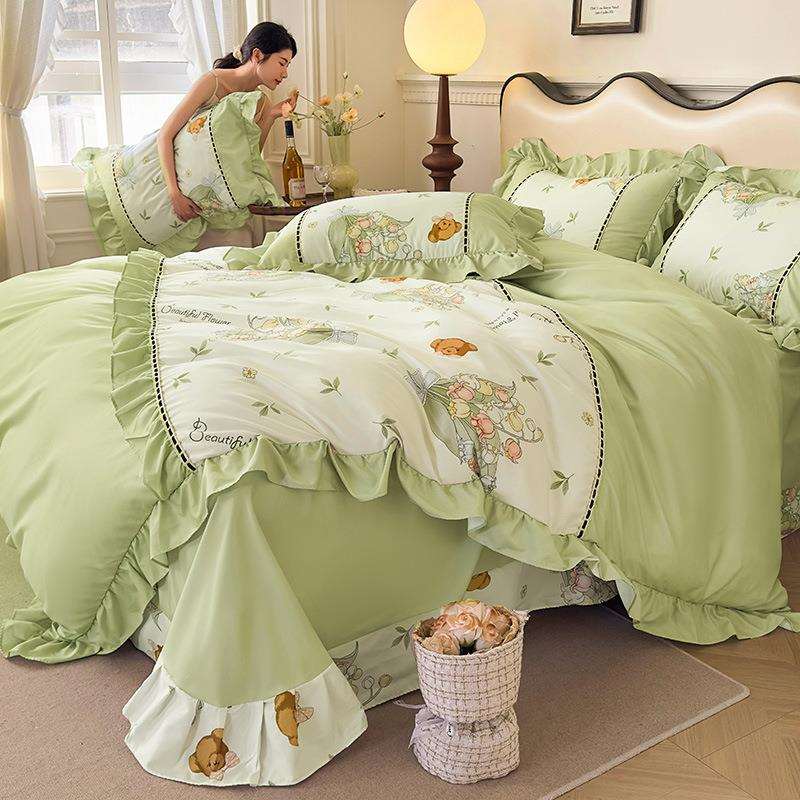 夏季新款细丝水洗磨毛法式格调双拼印花贡棉四件套 1.5m床单