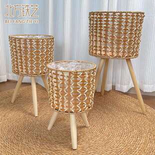 北欧藤编花架客厅阳台装饰富贵竹虎皮兰落地植物架电视柜编织桌面