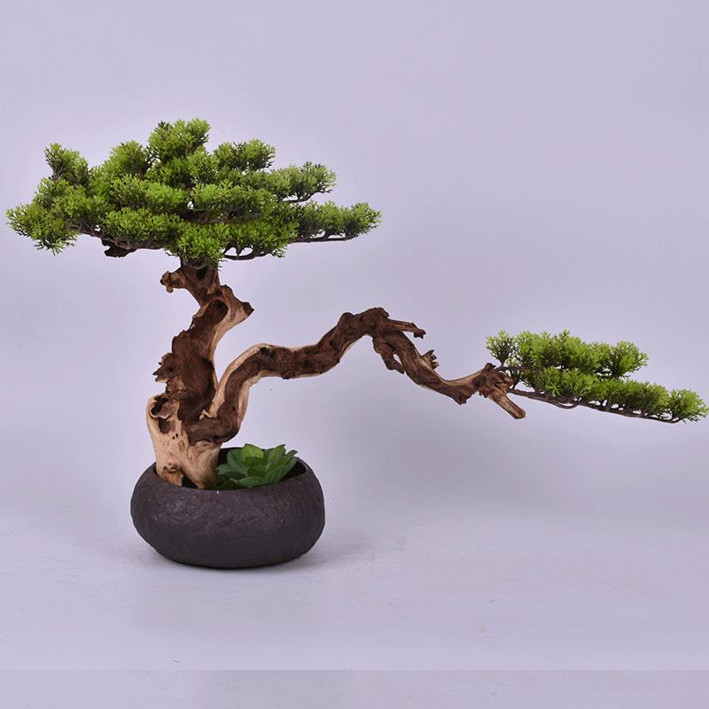 新中式仿真迎客松树绿植盆栽摆件样板房售楼处玄关罗汉松柏树盆景
