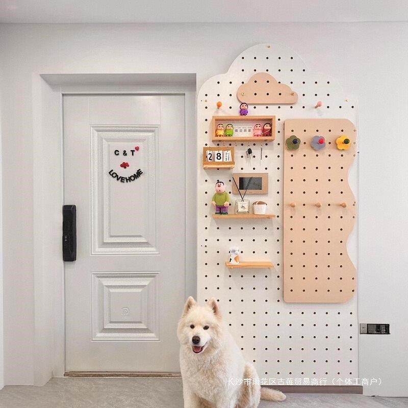 实木洞洞板置物架木质收纳架入户F玄关一体全身穿衣镜墙面壁挂