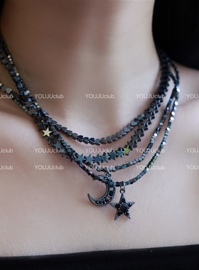 YOUJUclub-戴点不一样~黑色星星月H亮双层叠戴辣妹酷项炼锁骨炼女