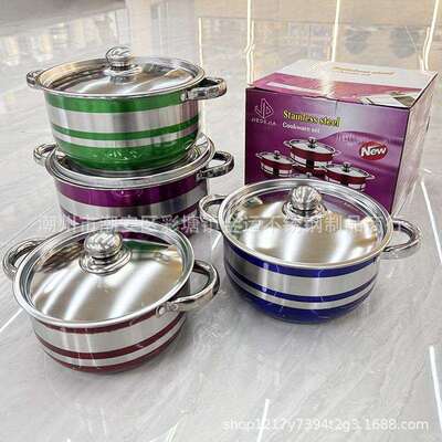 跨境不锈钢8PCS钢盖汤锅中空柄套锅彩色炫彩出口东南亚4件套锅