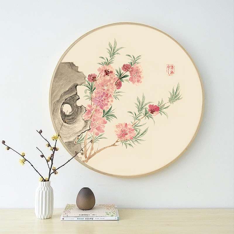 新中式书画圆形装饰画花鸟工笔国画客厅墙挂画书房茶室水墨壁画图片