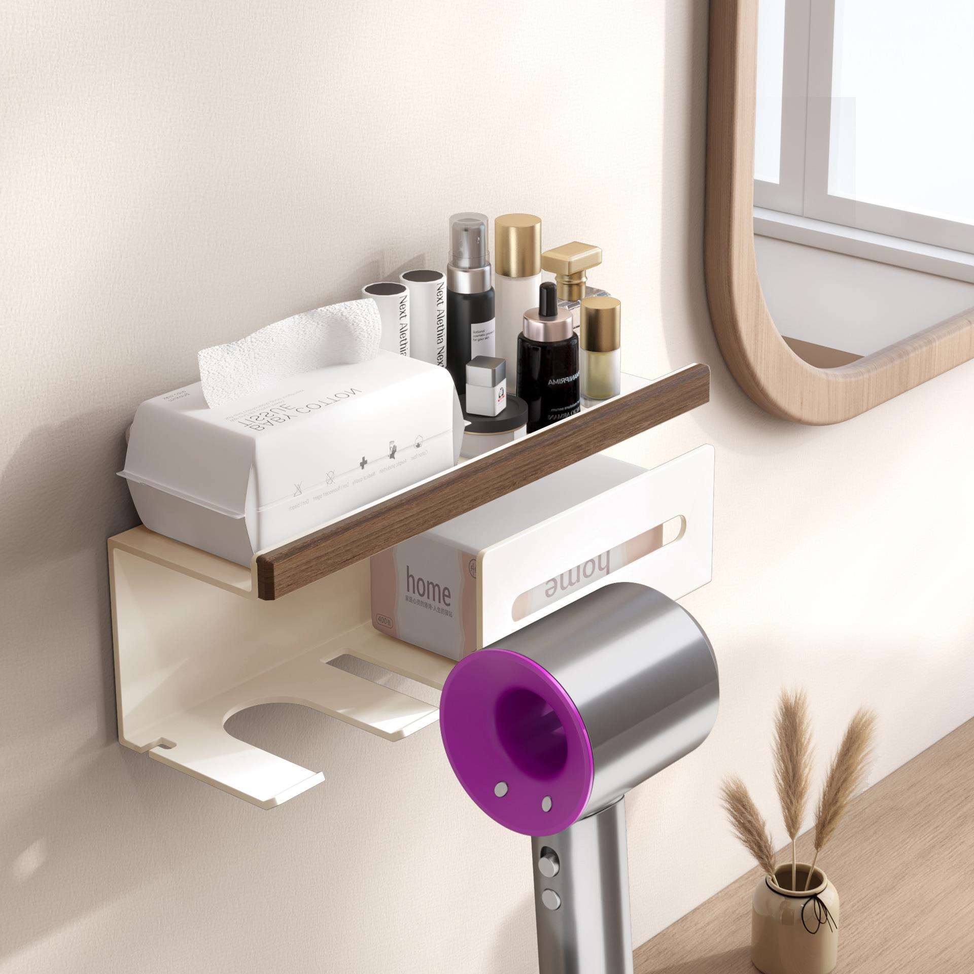 原实木胡桃木吹风机支架卫生间浴室洗漱台免打孔置物架擦手抽纸架