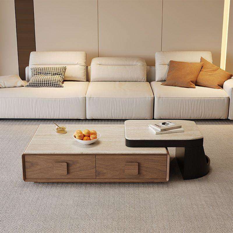 法式实木洞石茶几客厅家用中古风简约现代岩板茶几小户型新款