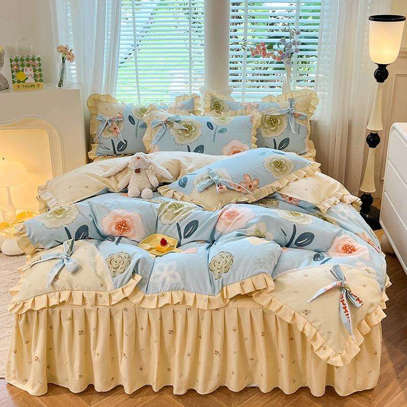 公主风少女床裙四件套韩式蝴蝶结花边斜纹加厚磨毛床单被套三件套