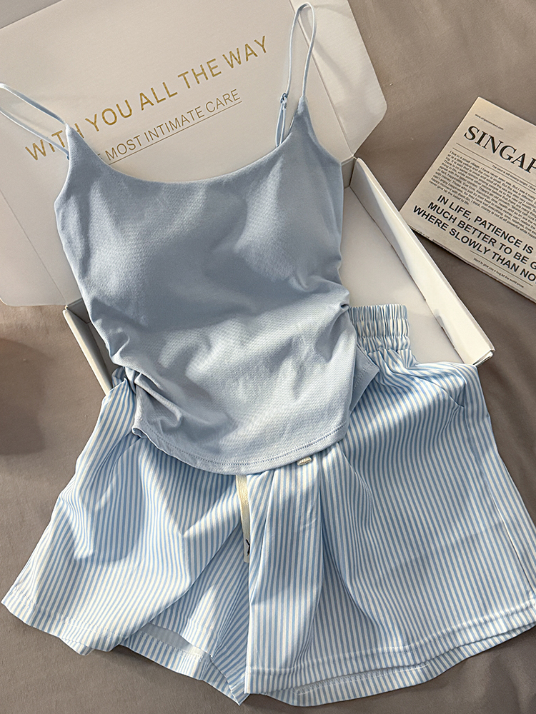 With chest pad All in one camisole vest female summer pure desire wind camisole stripe shorts pajamas Home Furnishings Two piece set
