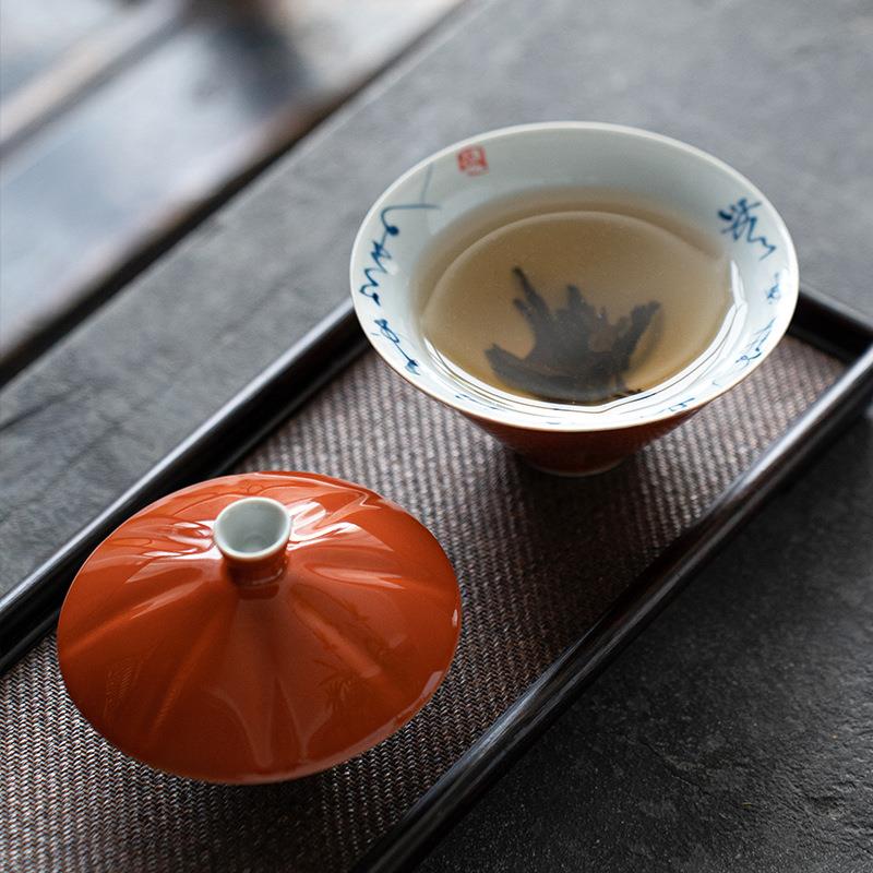 手绘诗文斗笠二才盖碗单个茶杯高档陶瓷茶具家用功夫泡茶茶碗