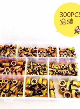 跨境热销 300pcs盒装 镀彩锌铆螺母公英制组合 钢拉铆竖纹螺母
