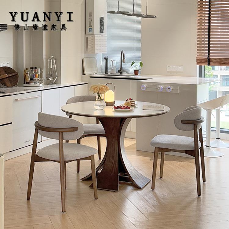 法式复古实木岩板圆形餐桌小户型饭桌现代简约家用胡桃色实木圆桌