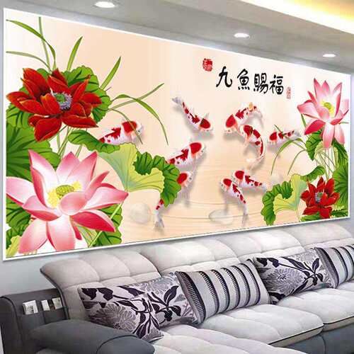 蒙娜丽莎十字绣2021新款线绣客厅大幅年年有余简约现代荷叶九鱼图