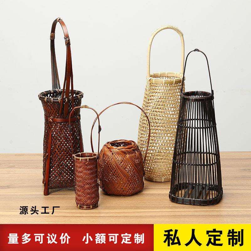 手提竹编花篮干编织收纳篮子藤编花器插花摆件厂家手工